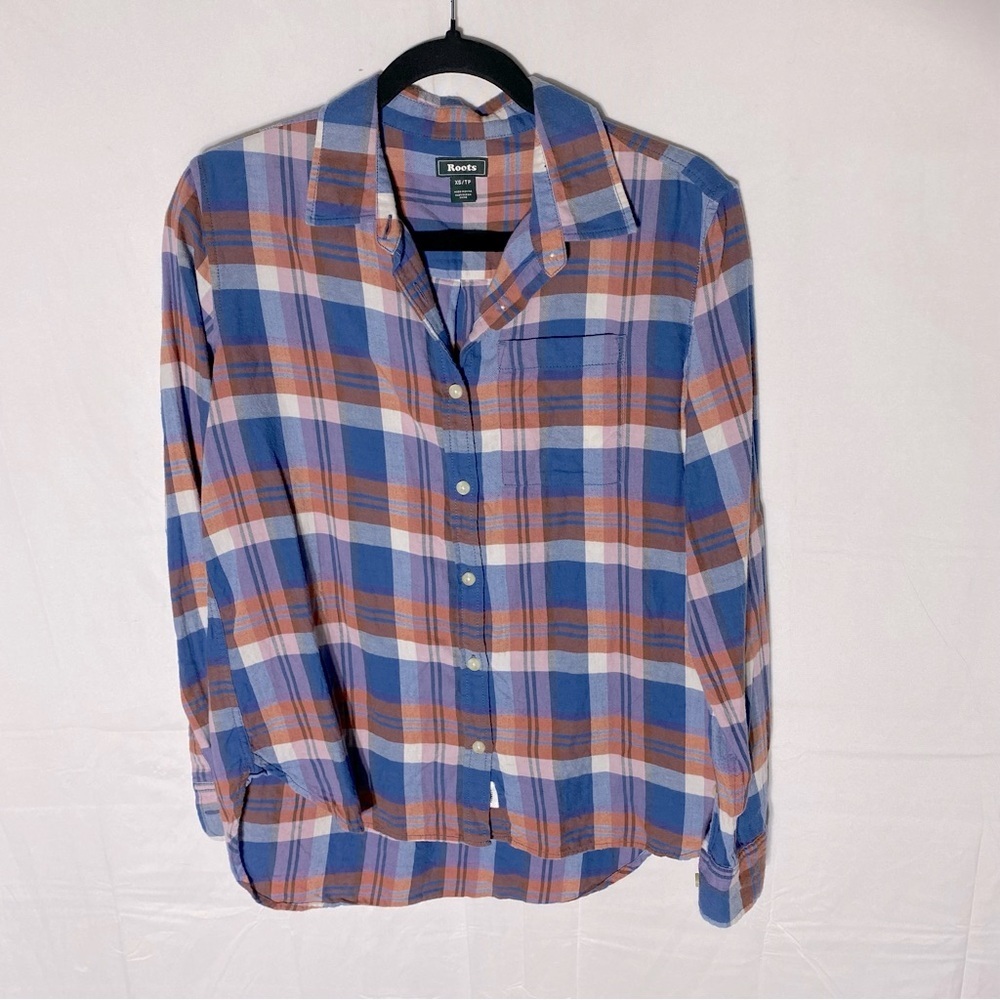 Roots Blue Orange Plaid Long Sleeve Cotton Button Up Shirt XS